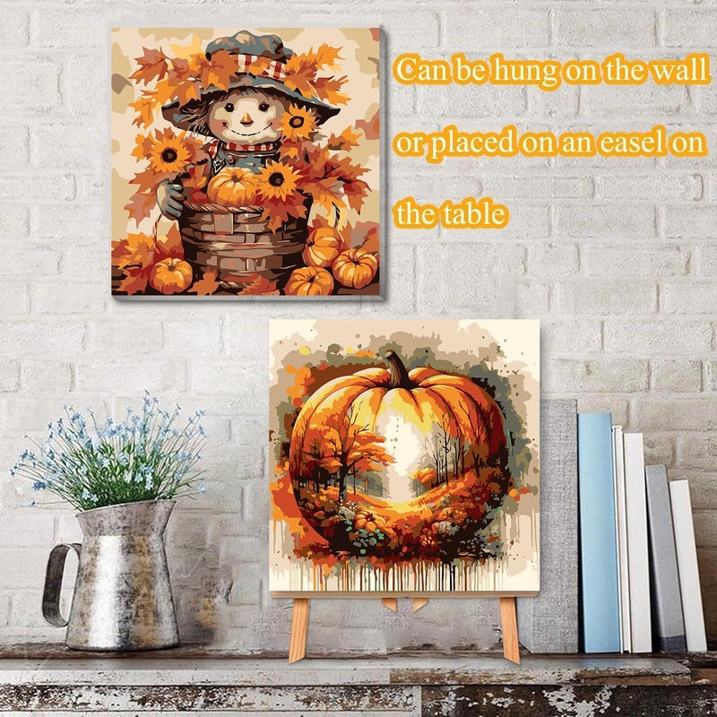 VIGEGU 4 Pack Thanksgiving Paint by Numbers Kit for Adults with Framed,Fall Pumpkin Paint by Number with Wooden Easel DIY Autumn Scarecrow Truck Adult Paint by Number Kits for Wall Decor 10x10in - Image 3